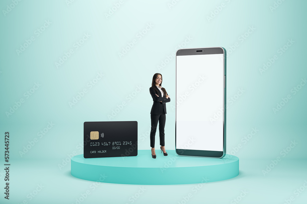 Mobile bank and online payment concept with successful woman among modern smartphone with blank whit