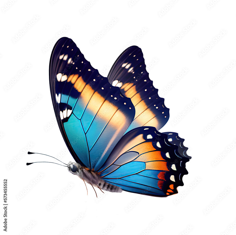 Very beautiful blue yellow orange butterfly in flight isolated on a transparent background.