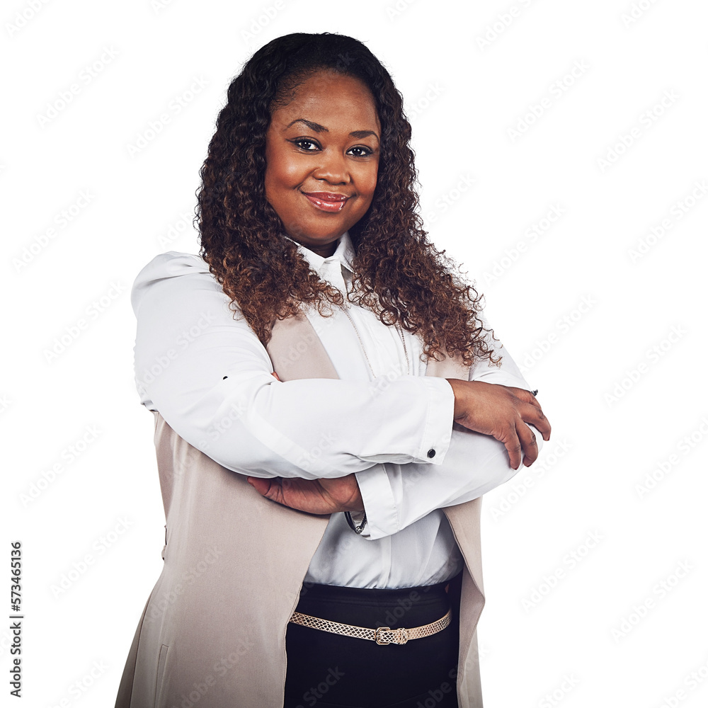 A plus size female boss or a manager posing with her hands crossed and looking at the camera with an