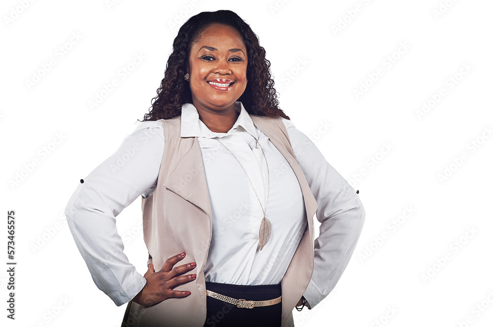 A voluptuous young afro american female business person or a CEO posing with a smile, pride. A woman