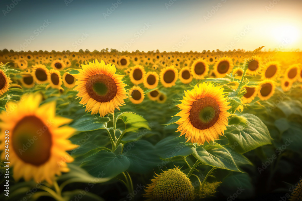 Beautiful sunflowers close-up in the field. AI generated.