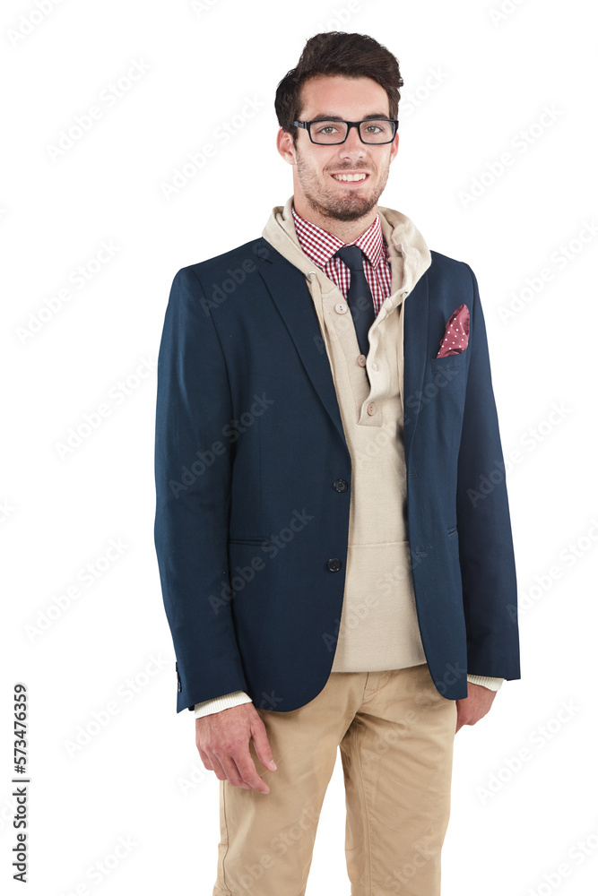 An assertive caucasian business management student in a cool outfit with trendy spectacles isolated 