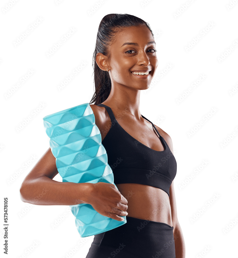 A toned, smiling and active young woman with healthy lifestyle. A foam roller for fit athlete to mas