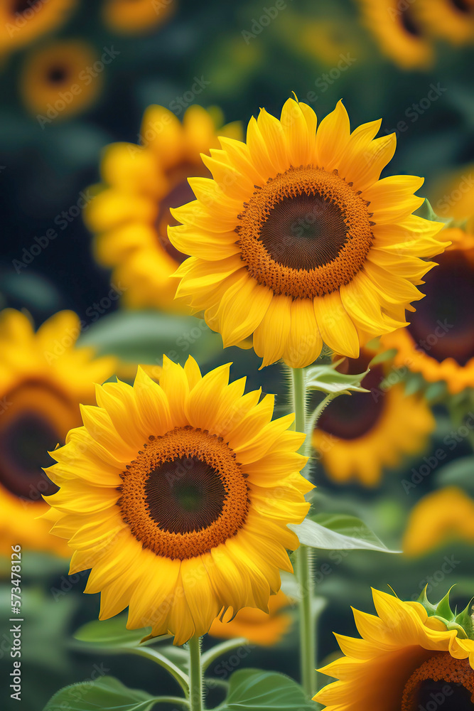 Beautiful sunflowers close-up in the field. AI generated.