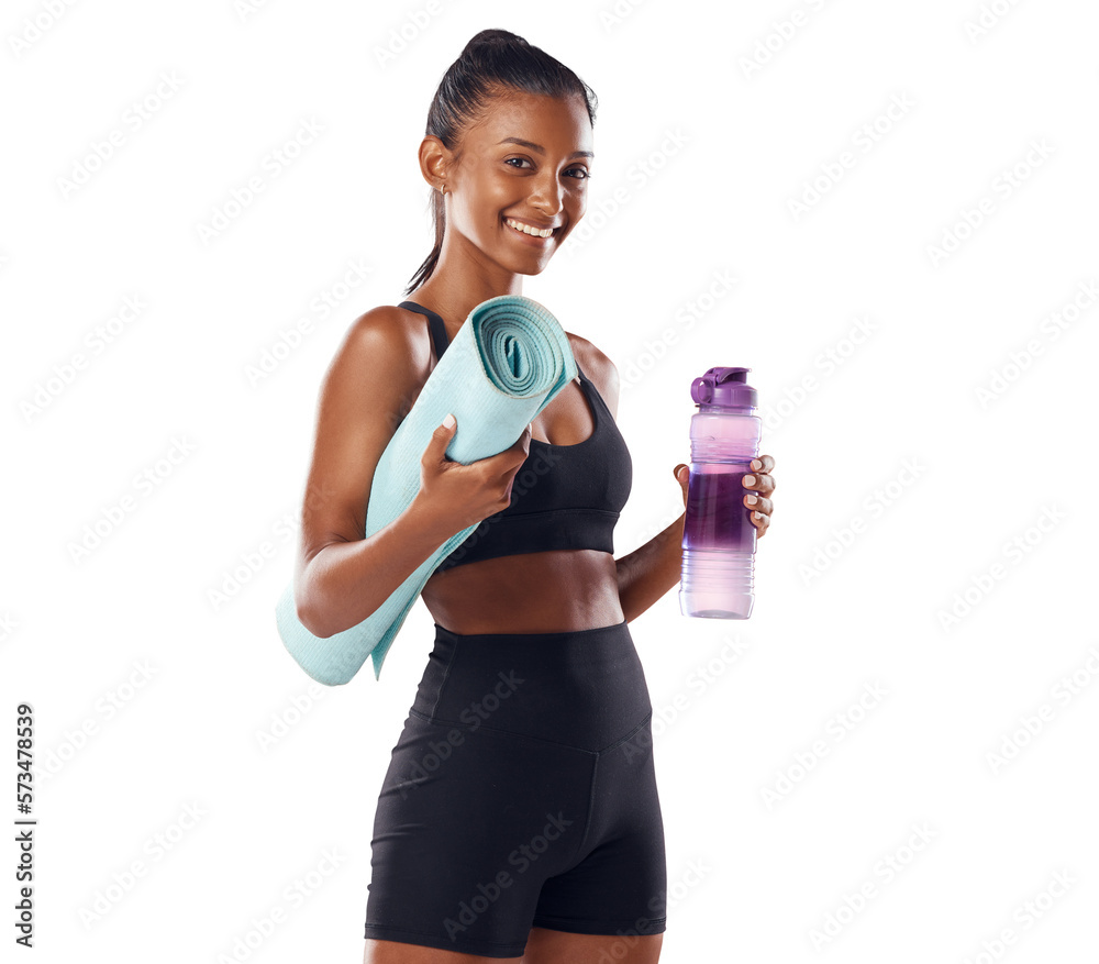 Active woman getting ready for her routine fitness workout holding a yoga mat and a water bottle for