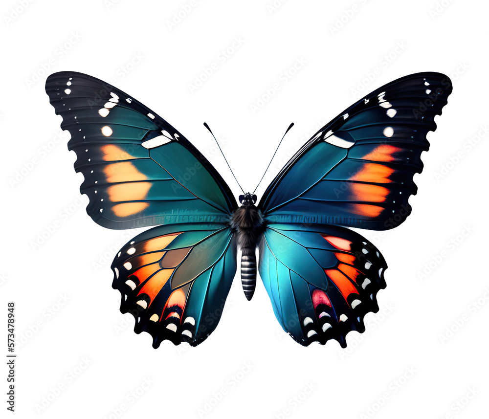 Very beautiful blue orange butterfly with spread wings isolated on a transparent background. AI gene