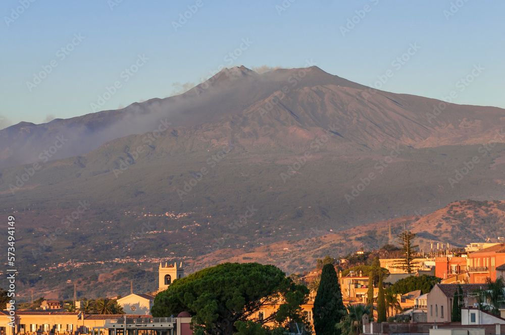 View of Mount Etna from the city of Taormina / View of Mount Etna volcano in the morning, from the c