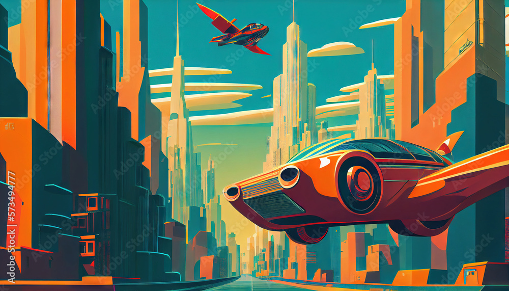 Retro futuristic cityscape with flying cars. Imaginary world of tomorrow. Generative AI