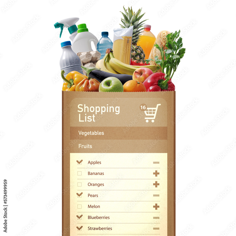 Digital shopping list on a full grocery bag