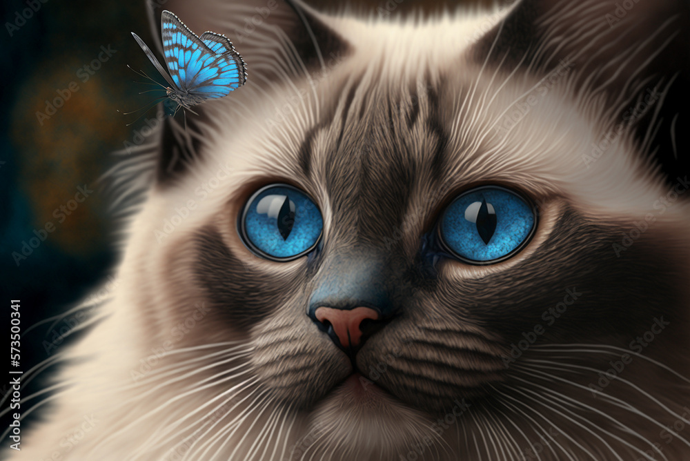 Blue eyed cat and blue butterfly.  Created with Generative AI technology.