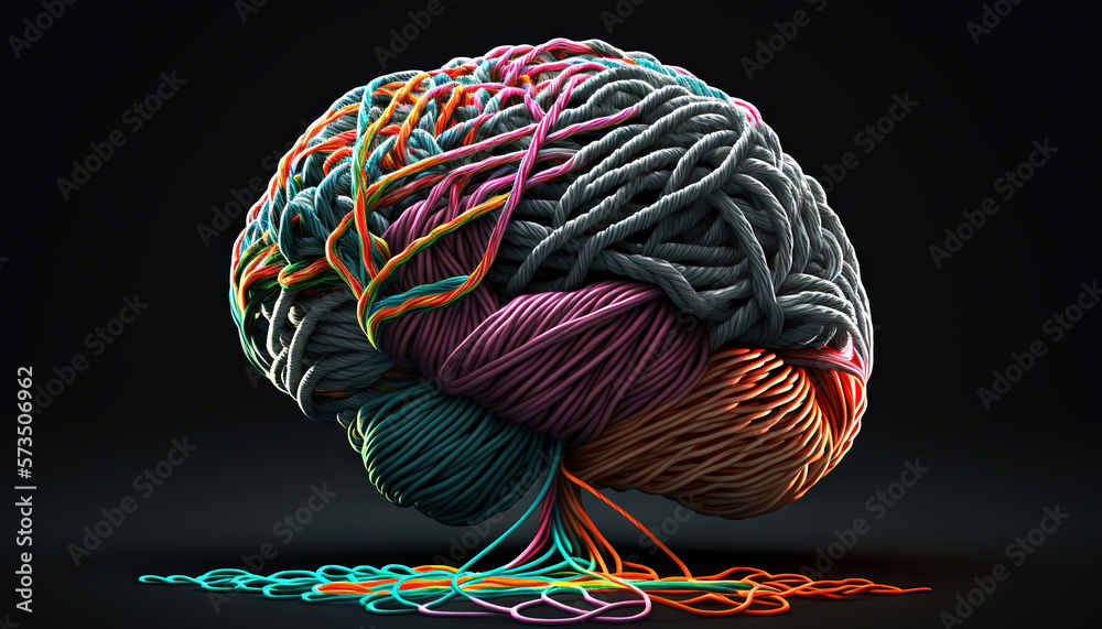 Brain made of tangled interwined colorful threads. Intelligence or creativity concept. Generative AI