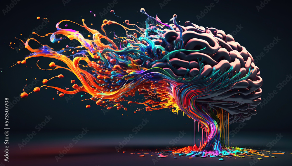 Brain made of tangled interwined colorful paint splashes. Intelligence or creativity concept. Genera