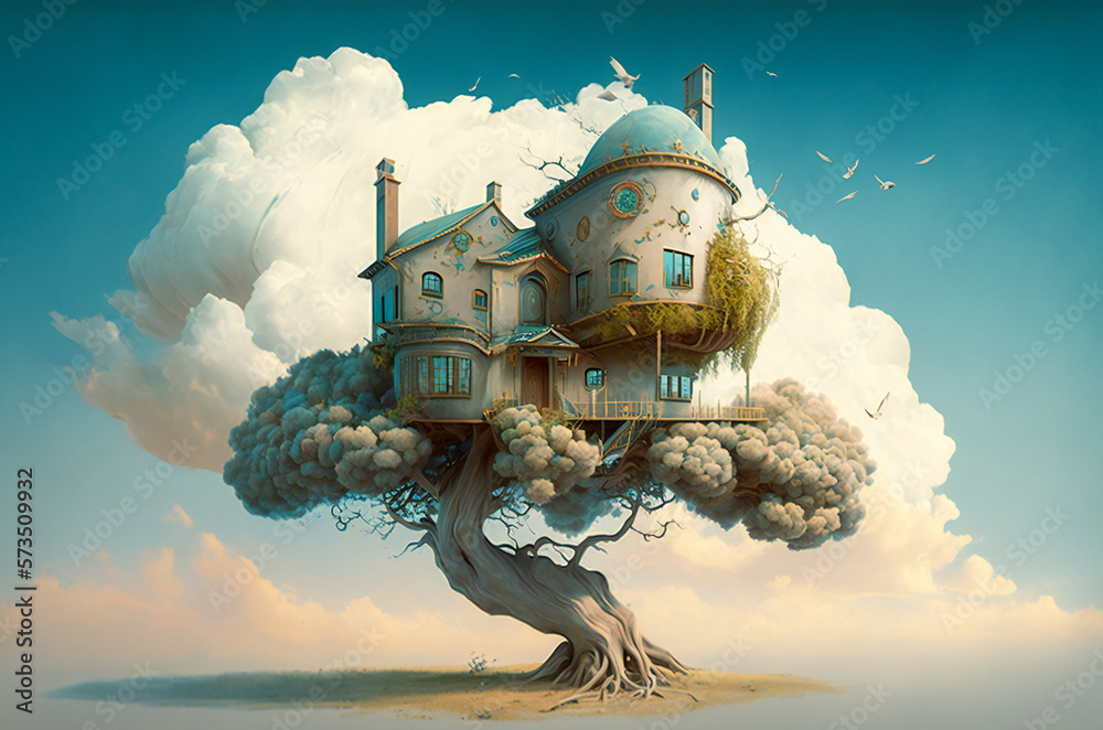 Surreal, dreamlike house in a tree, with blue sky and clouds in background. Fictional architecture. 