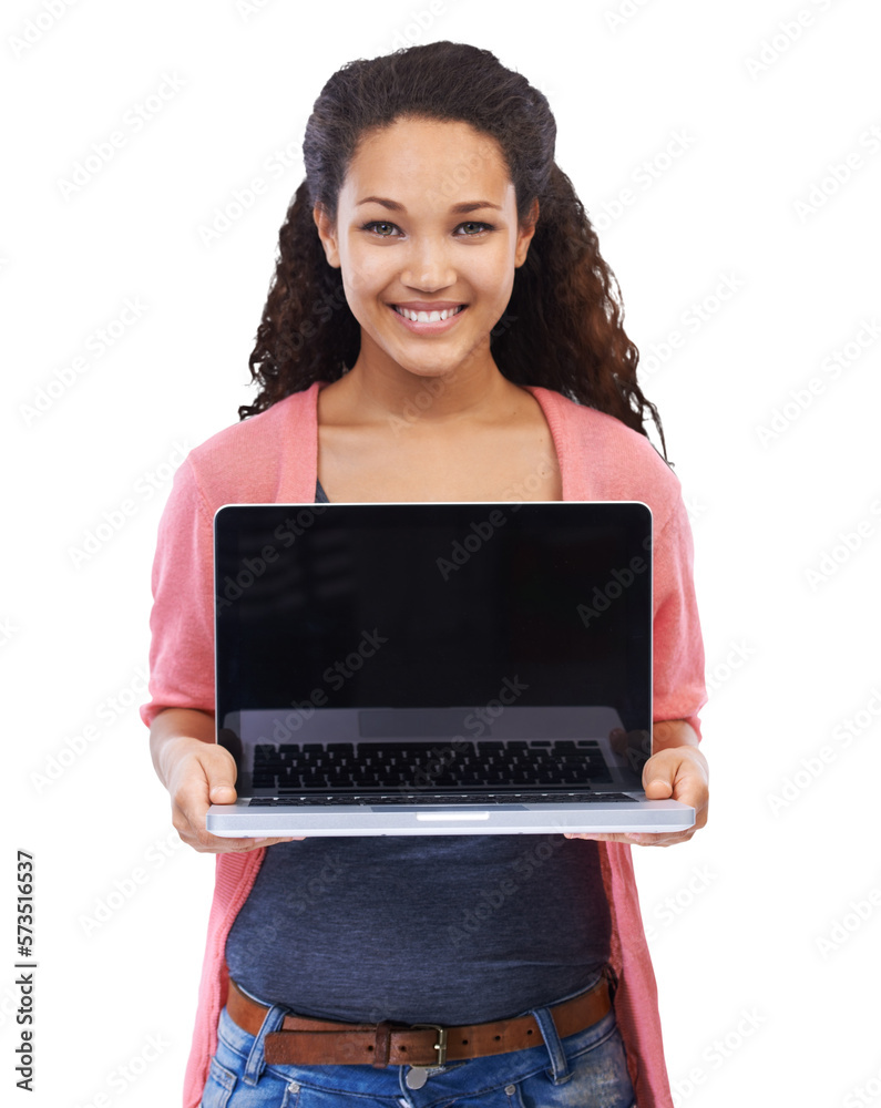 A joyful girl dressed in tank-top and jacket showing blank screen laptop computer while standing and