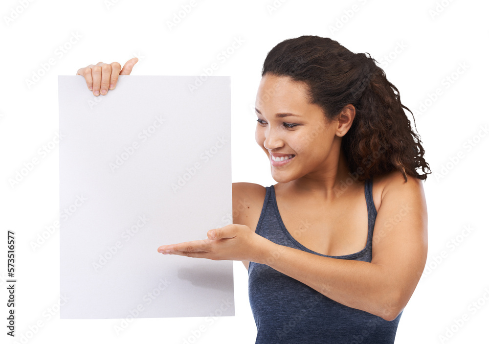 A jamaican girl with placard and advertising message with a blank poster for brand development and p