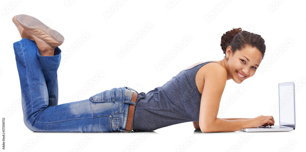 A university or a college girl looking positive cheerful woman lying floor working on computer to co