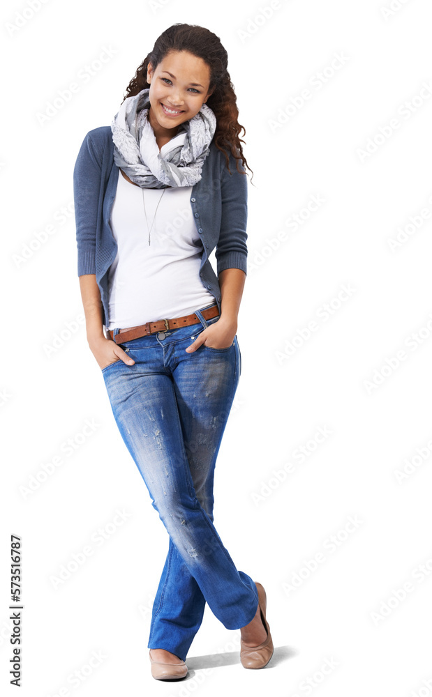 A cheerful assertive Latino lady with her hands in her jeans pocket and leg crossed with a fashionab