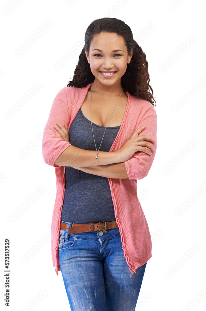 A young Hispanic girl in a trendy casual posing in confidence with her arms crossed and embracing wi