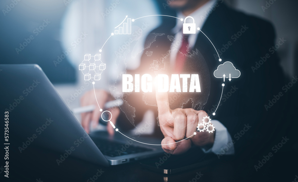 Big data concept, Businesspeople use laptops and press the big data symbol, Data Management System o