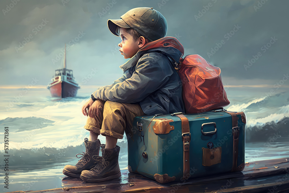 illustration painting of a boy looking and waiting the boat in the sea against sky, digital art styl