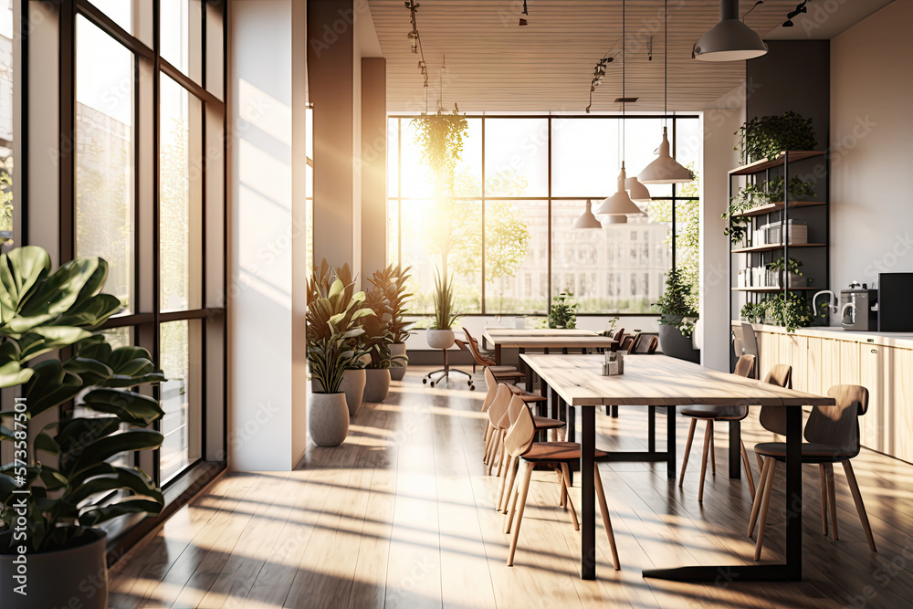 Modern office interior space with desk, row of computers, documents. Cozy stylish. minimal  design w