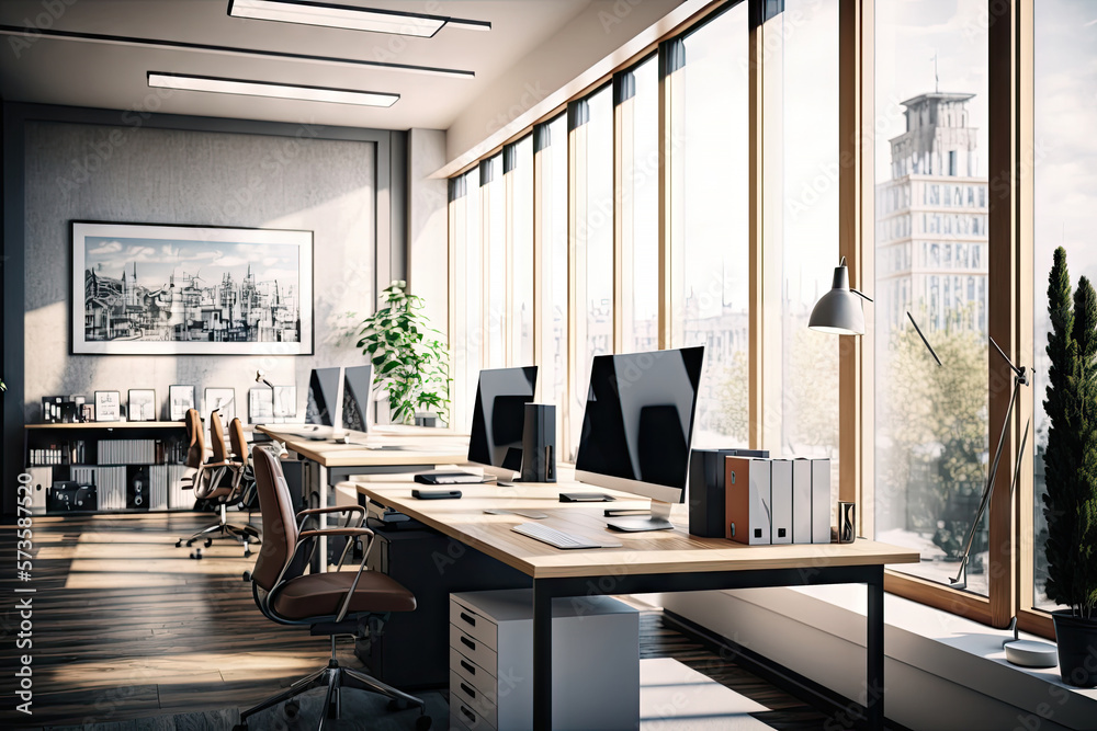 Modern office interior space with desk, row of computers, documents. Cozy stylish. minimal  design w