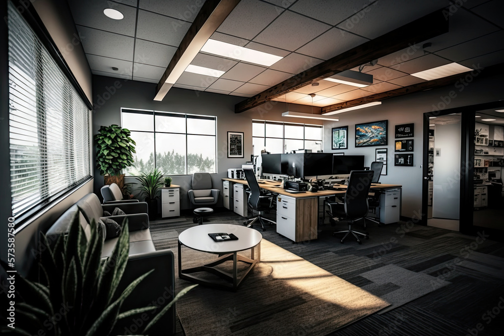 Modern office interior space with desk, row of computers, documents. Cozy stylish. minimal  design w