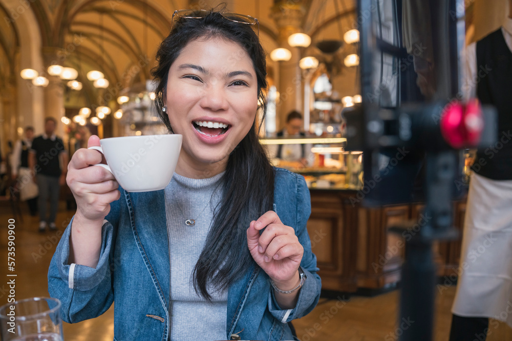 Asia travel vlogger introduce great menu famous restaurant while lives streaming for social reel vid