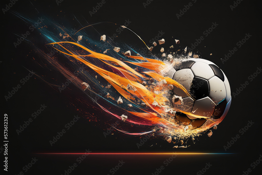 Soccer ball in fire and water. Illustration of the soccer ball enveloped in elements on black backgr