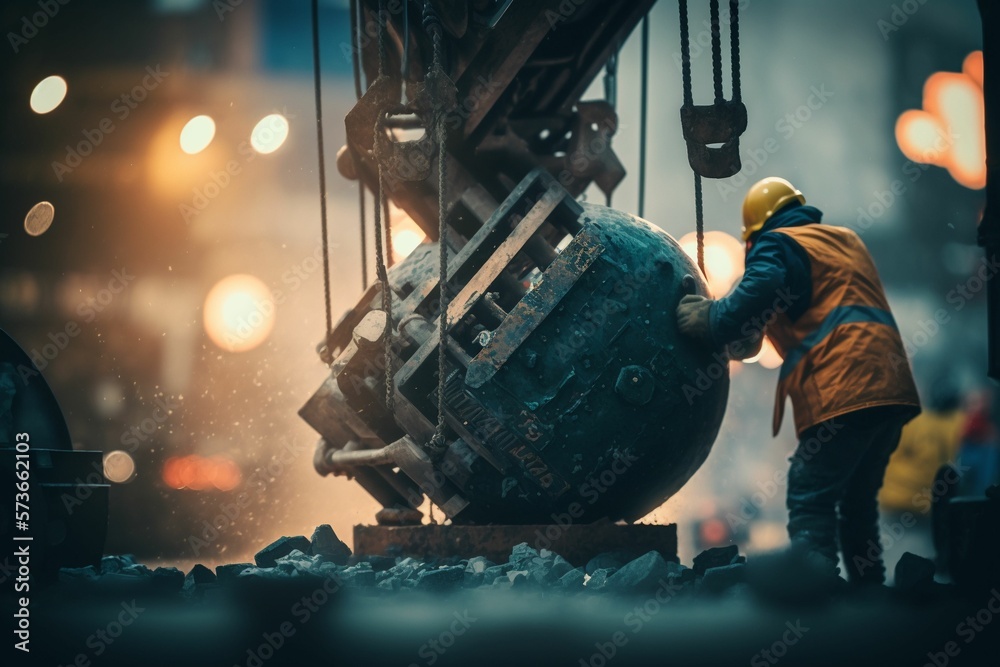 The skilled Worker at the Towering Crane: a Wrecking Ball Secure with Chains - AI Generative