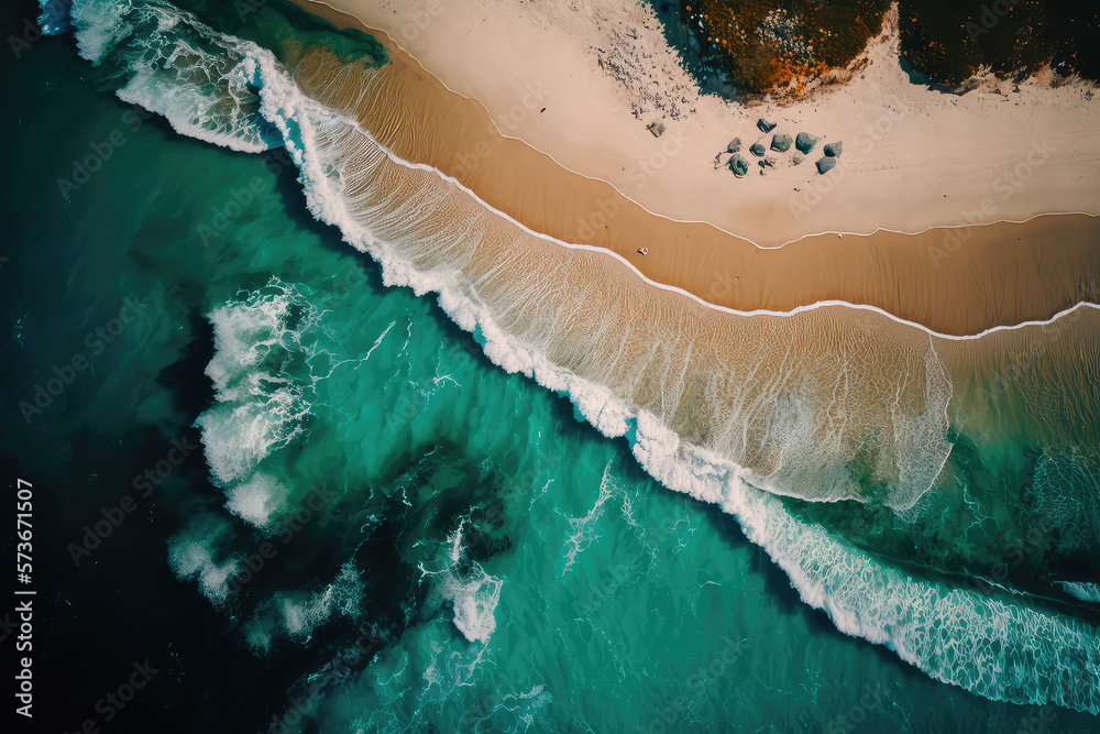 Aerial view of blue tropical sea with sandy beach, ocean birds eye view, generative ai	 