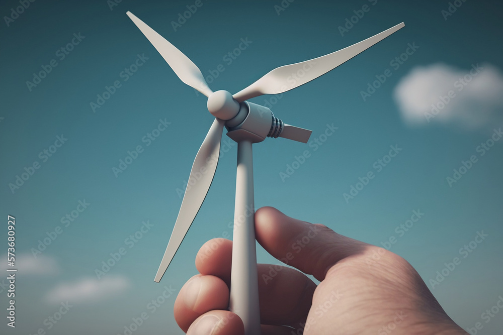 Hand holding a wind turbine with blue sky - illustration