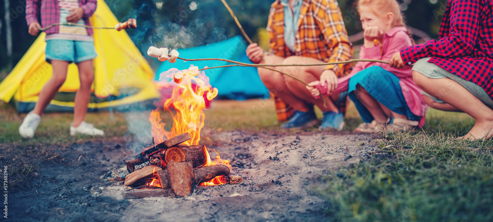 Group of the people sitting near the campfire and cooking marshmallows.