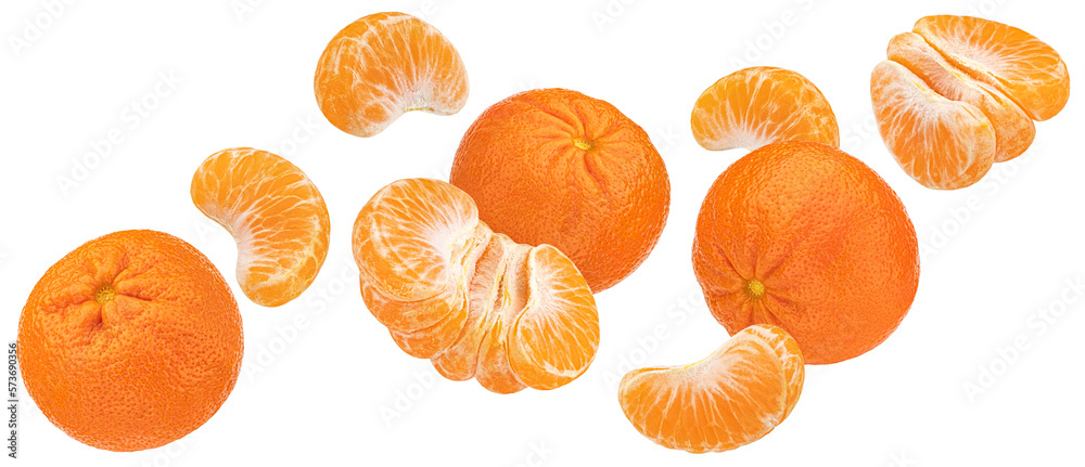 Falling mandarin orange fruits isolated on white background, collection