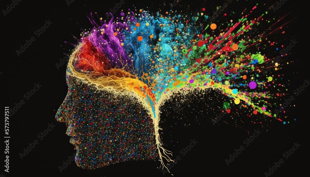  a persons head with colorful sprinkles coming out of the side of the head and a black background w