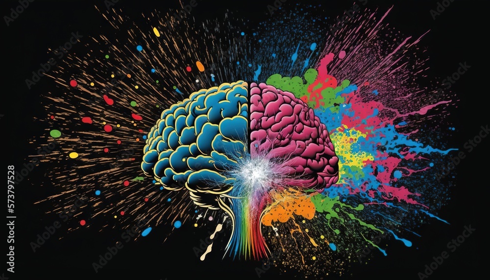  a colorful brain with splatters of paint on its side and a white light shining in the middle of th