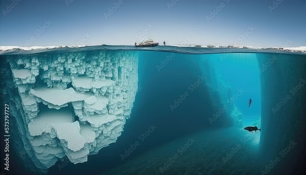  a large iceberg in the ocean with a boat in the distance and a person swimming in the water below i