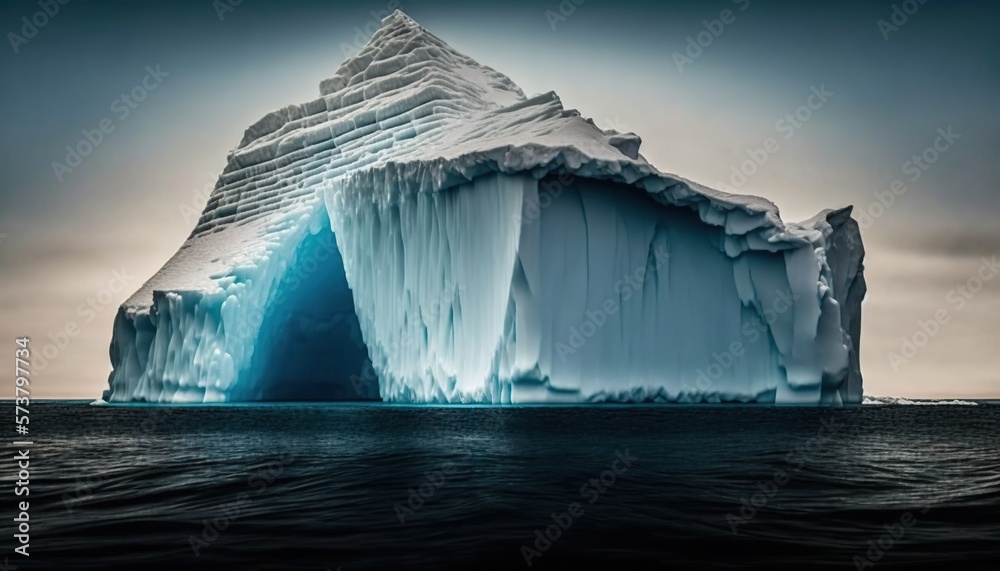  a large iceberg floating in the ocean with a dark sky behind it and a bright blue light coming from