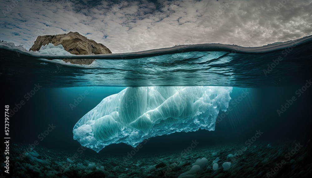  a large iceberg floating in the ocean with a rock in the distance under the waters surface and a c