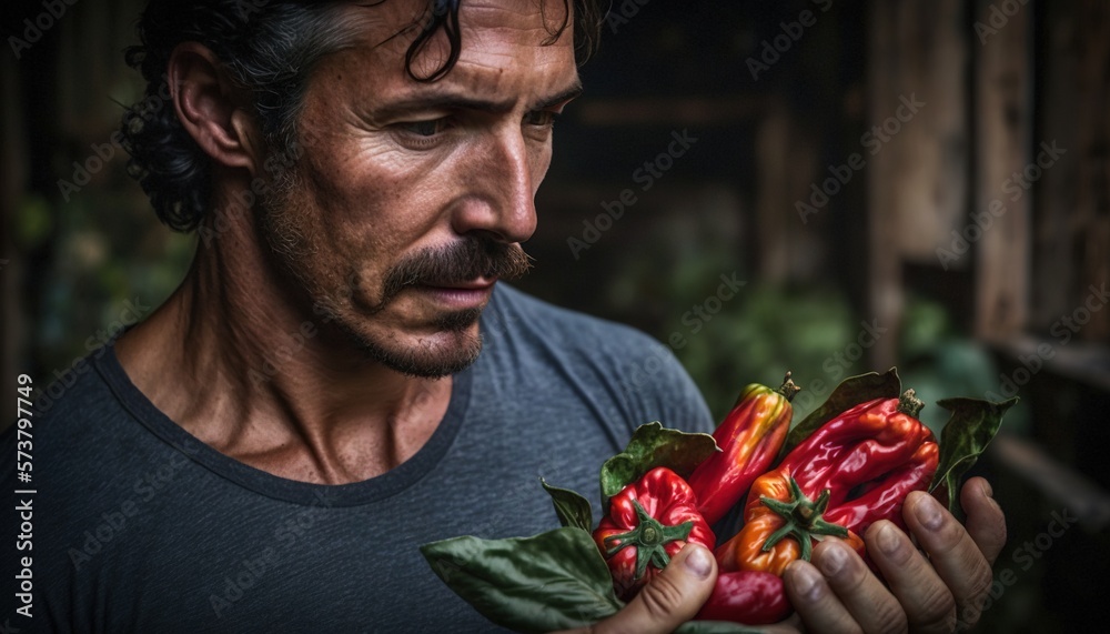  a man holding a bunch of red peppers in his hands and looking at the peppers on the plant in front 