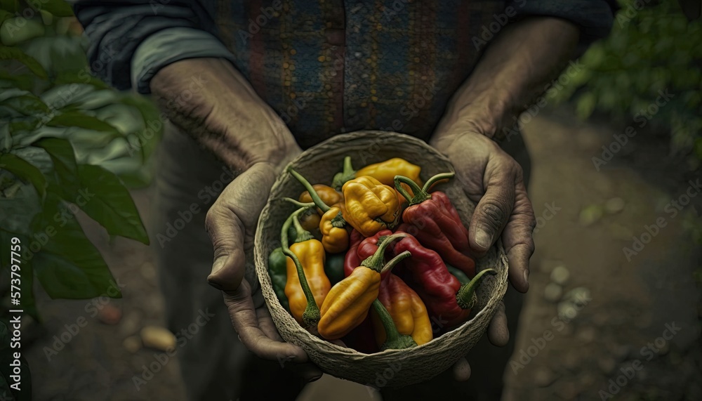  a person holding a basket of peppers in their hands in a forest area with green leaves on the groun