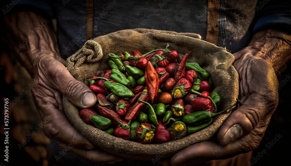  a person holding a bag of peppers in their hands and a mushroom on the top of the bag in the middle