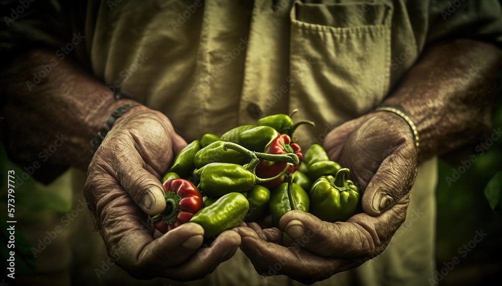  a person holding a handful of green peppers in their hands, with a green background and a green bac