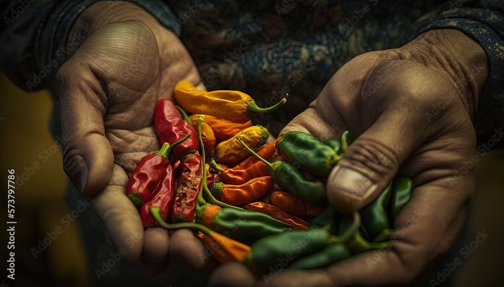  a person holding a handful of peppers in their hands, with the peppers in the middle of the picture