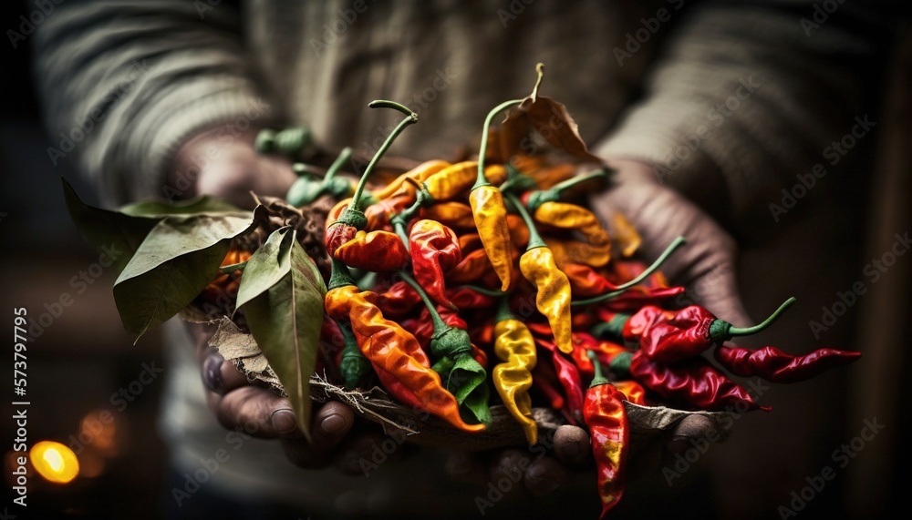  a person holding a bunch of chili peppers in their hands with a lit candle in the back ground behin