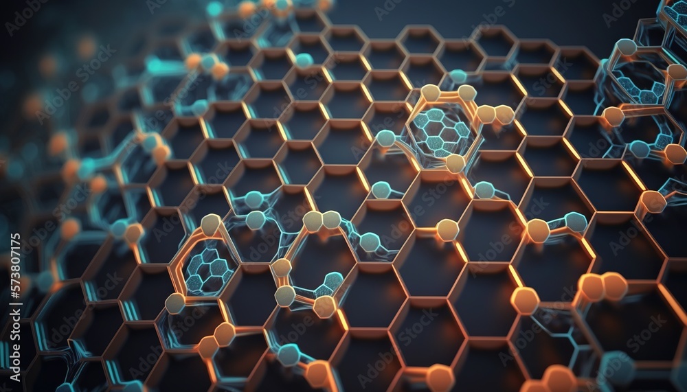  a bunch of hexagonals are arranged in a pattern on a black background with blue and orange lights a