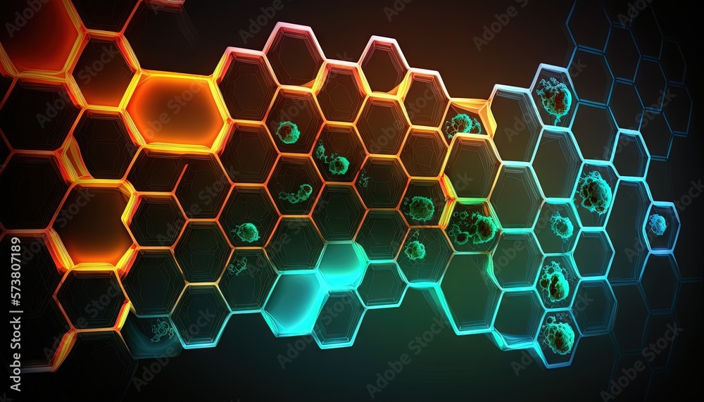  a colorful hexagonal background with hexagons on a black background with a green and yellow light i