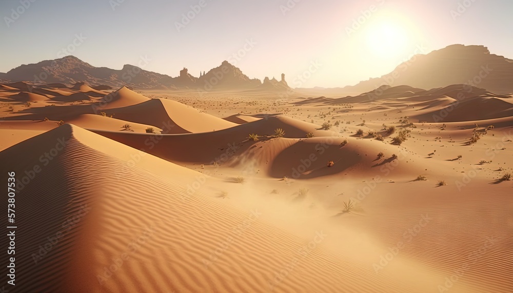  a desert with sand dunes and mountains in the background at sunset or sunrise or sunrise in the dis