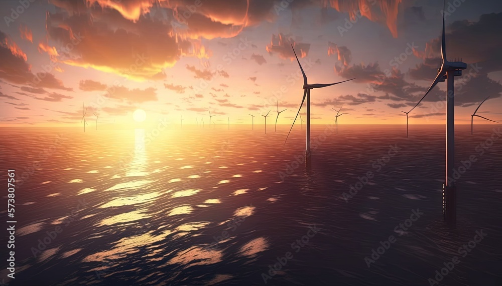  a group of windmills floating in the ocean at sunset or sunrise or sunset, with the sun shining thr