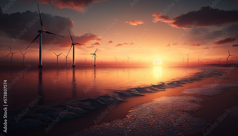  a group of windmills on a beach at sunset with waves in the foreground and the sun setting in the d